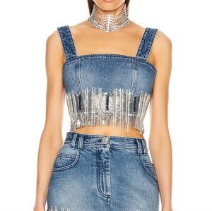 Balmain Blue Denim Crop Top with Silver Fringe